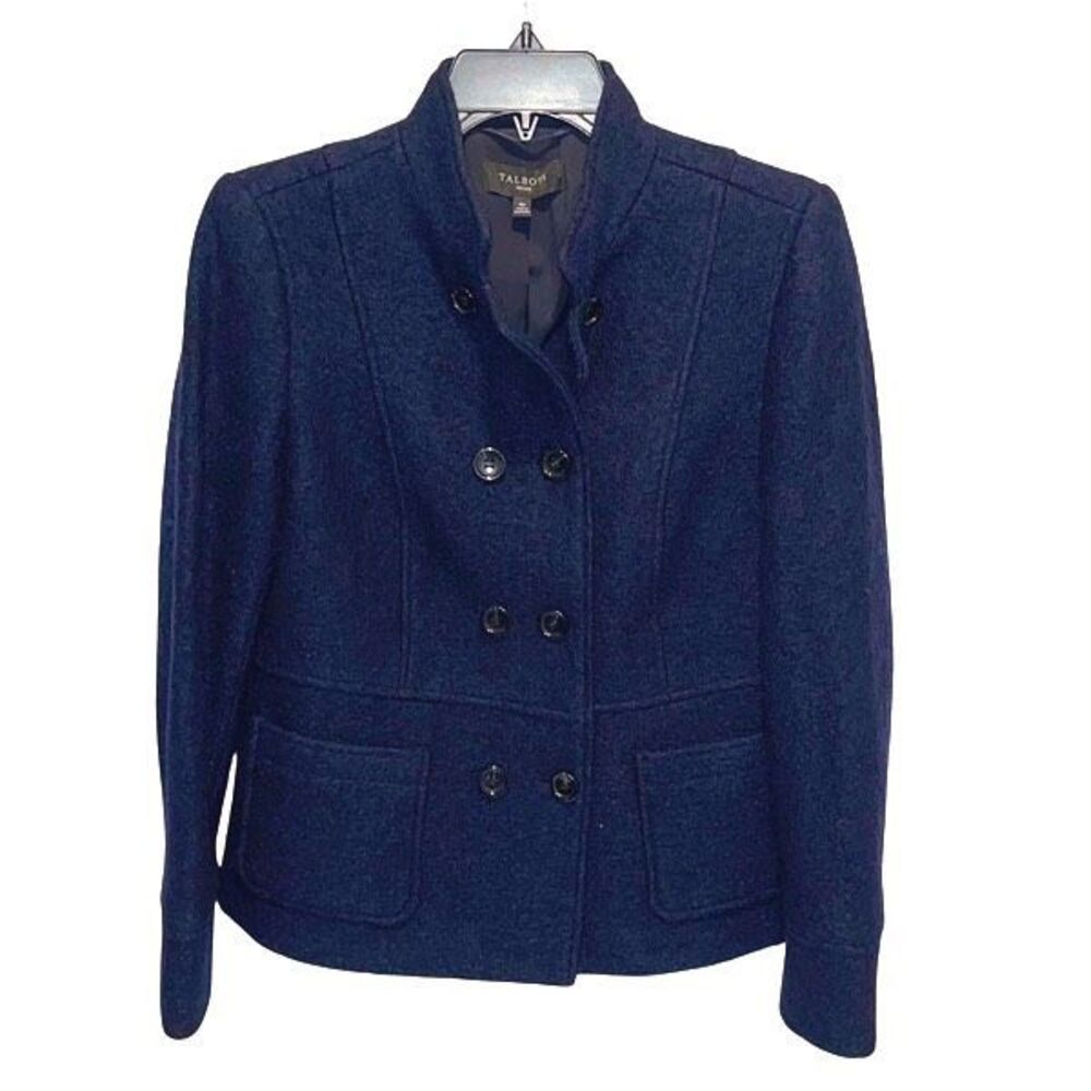Talbots Womens Berkshire Wool Blend Double Breasted Jacket Navy Blue Size 4P